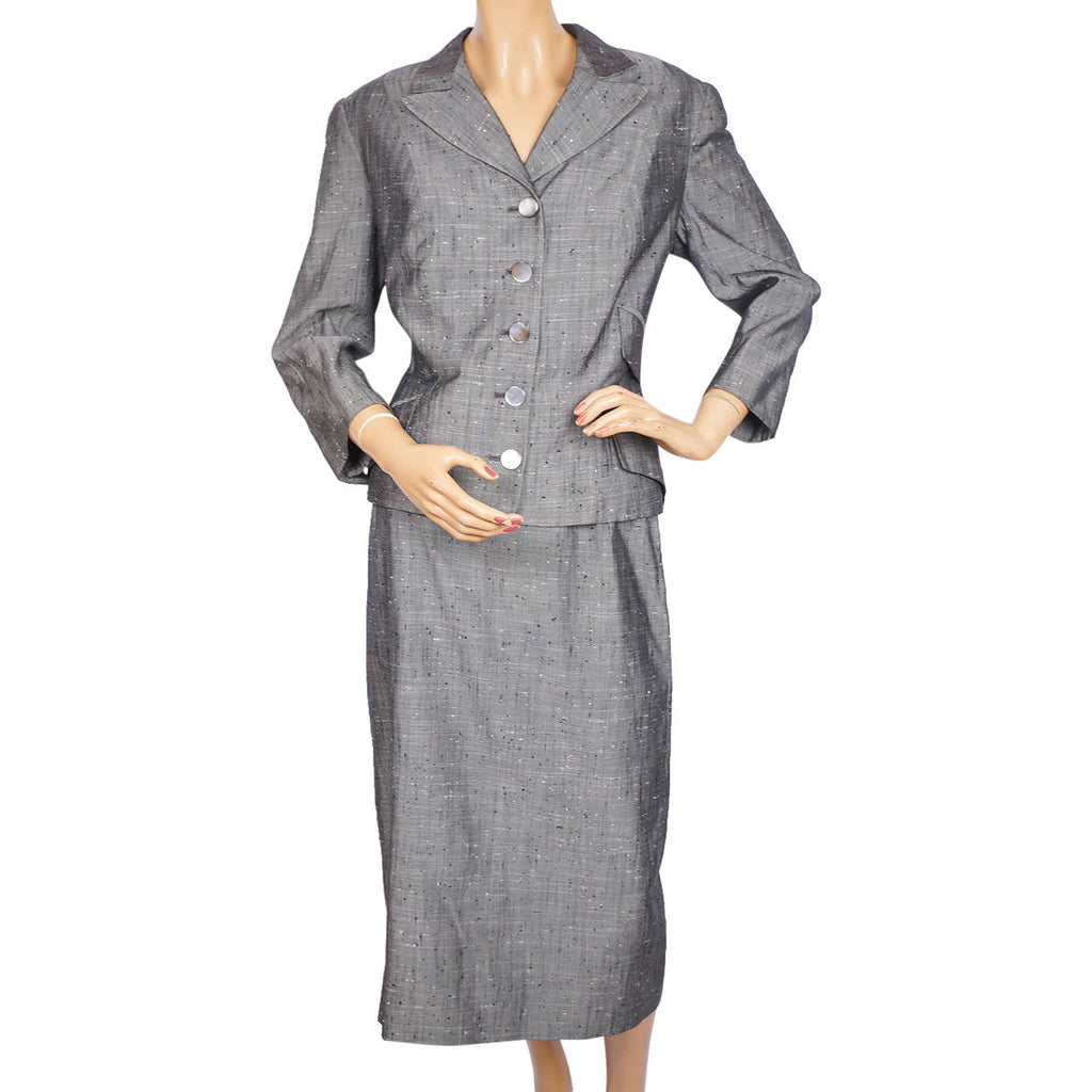 Vintage 1950s Silver Grey Silk Skirt Suit Meme Dysthe Montreal Designer Size M L - Poppy's Vintage Clothing