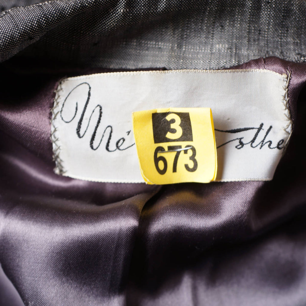 Vintage 1950s Silver Grey Silk Skirt Suit Meme Dysthe Montreal Designer Size M L - Poppy's Vintage Clothing