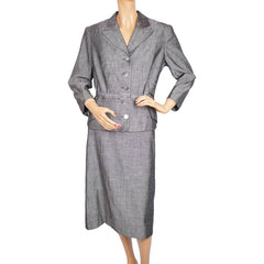 Vintage 1950s Silver Grey Silk Skirt Suit Meme Dysthe Montreal Designer Size M L - Poppy's Vintage Clothing