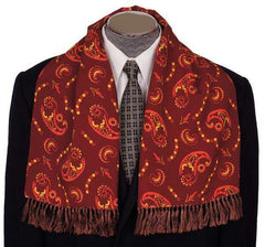 Vintage Mens Fringed Scarf Maroon Brown with Paisley Pattern 1940s Foulard - Poppy's Vintage Clothing