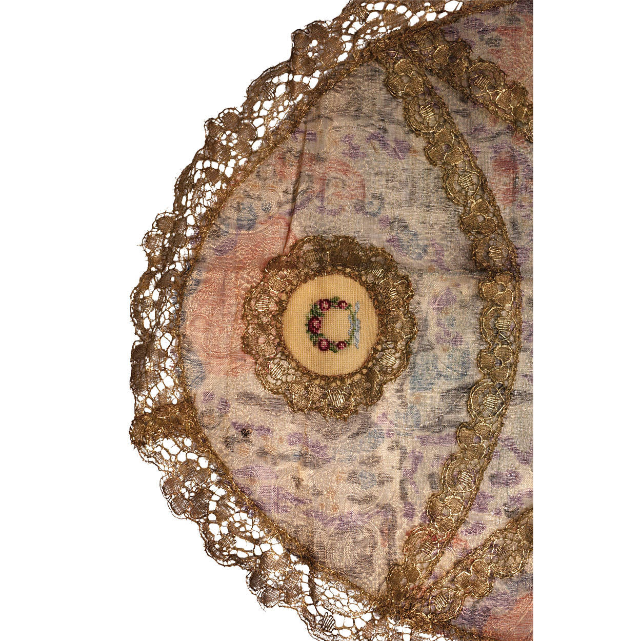 Vintage 1920s Petitpoint and Gold Metallic Lace & Silk Doily - Poppy's Vintage Clothing