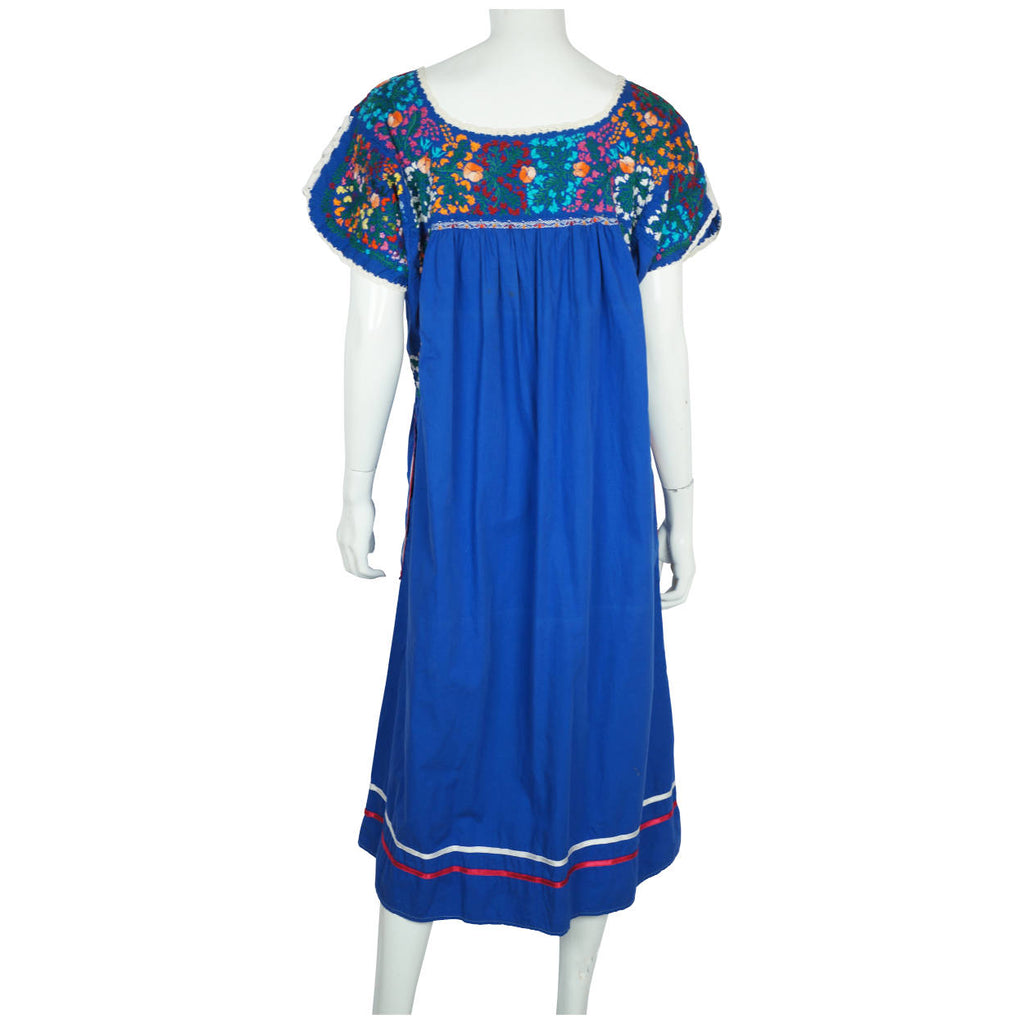Vintage 70s Mexican Dress Hazme si puedes Oaxaca Blue Cotton - Poppy's Vintage Clothing