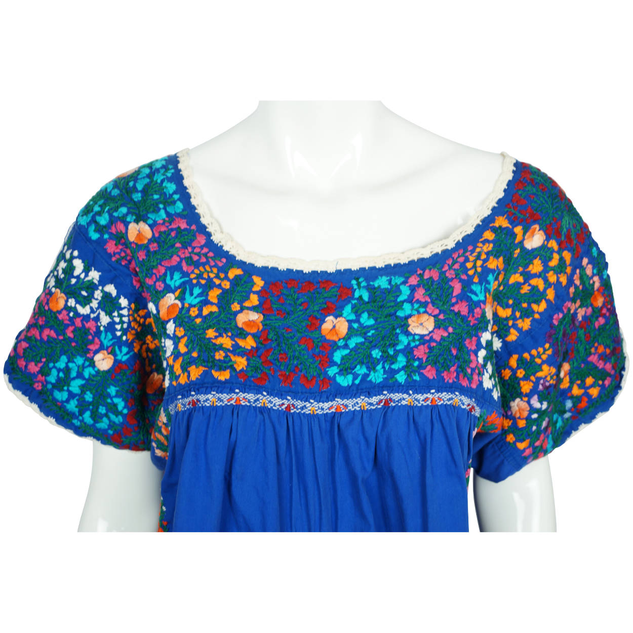 Vintage 70s Mexican Dress Hazme si puedes Oaxaca Blue Cotton - Poppy's Vintage Clothing