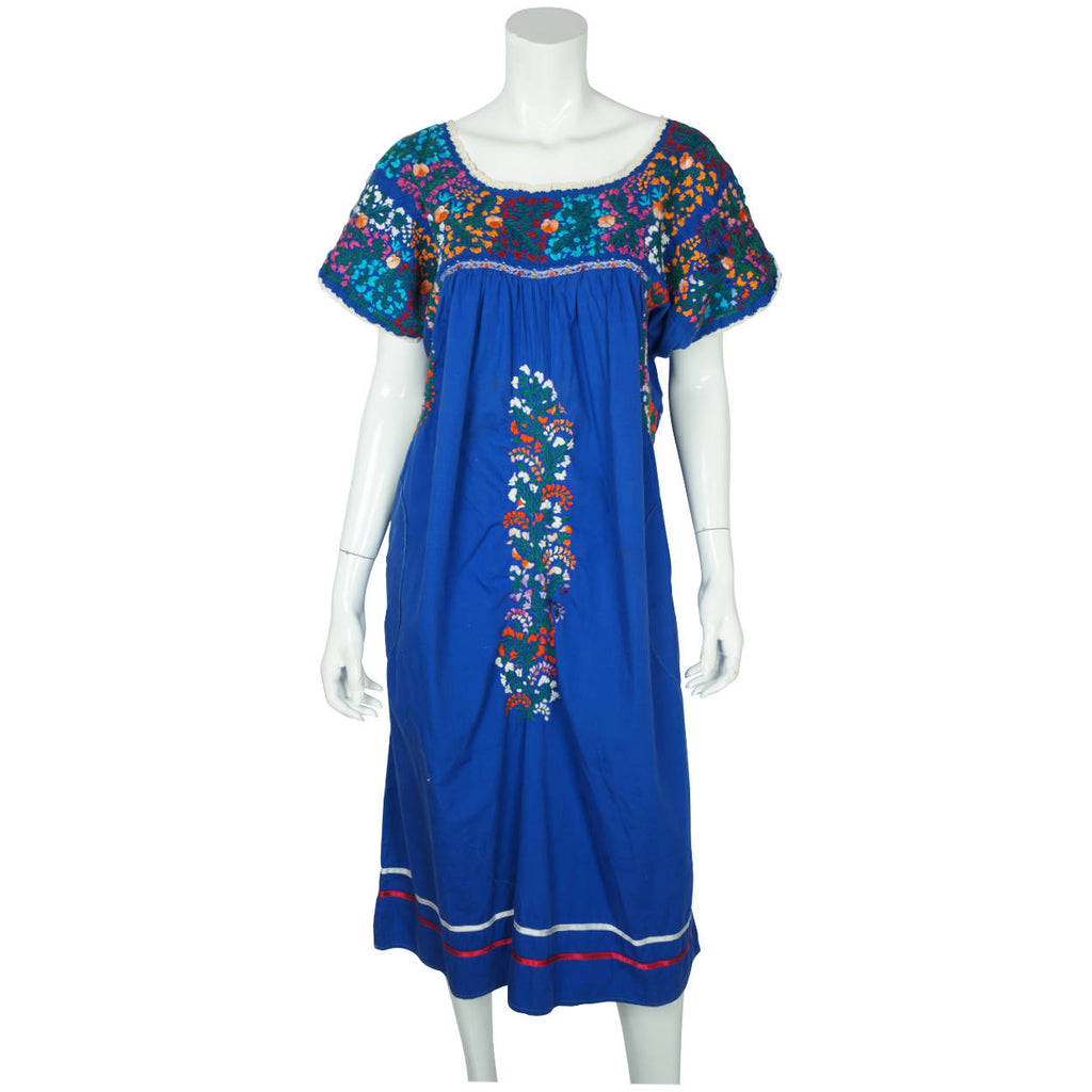 Vintage 70s Mexican Dress Hazme si puedes Oaxaca Blue Cotton - Poppy's Vintage Clothing