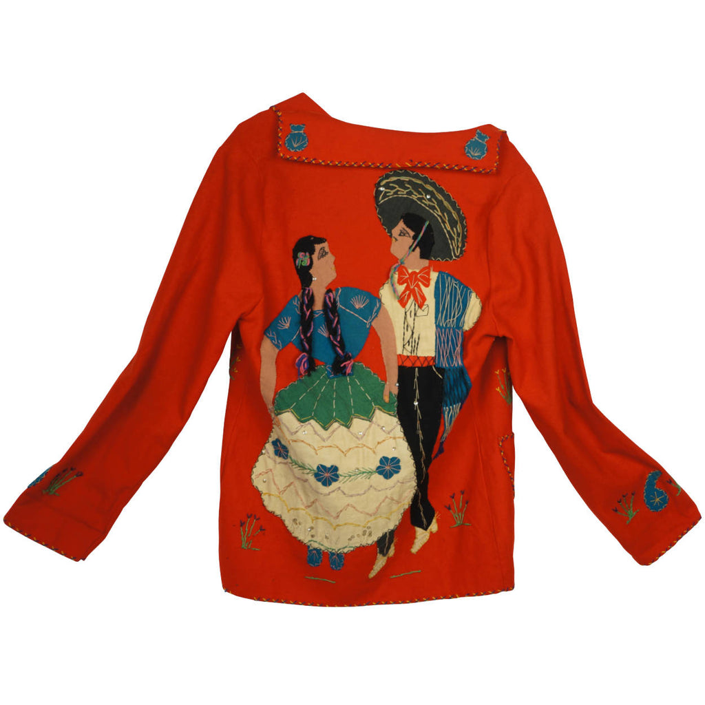 Vintage 40s Mexican Jacket Red Wool Embroidered Souvenir S - Poppy's Vintage Clothing