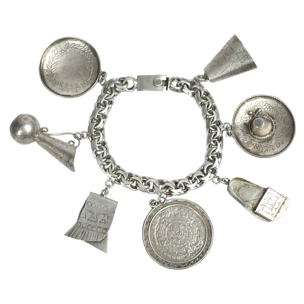Vintage Mexican Sterling Silver 7 Charm Bracelet Rosi Beguden Mexico City 1950s - Poppy's Vintage Clothing