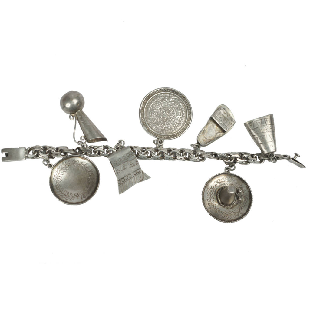 Vintage Mexican Sterling Silver 7 Charm Bracelet Rosi Beguden Mexico City 1950s - Poppy's Vintage Clothing