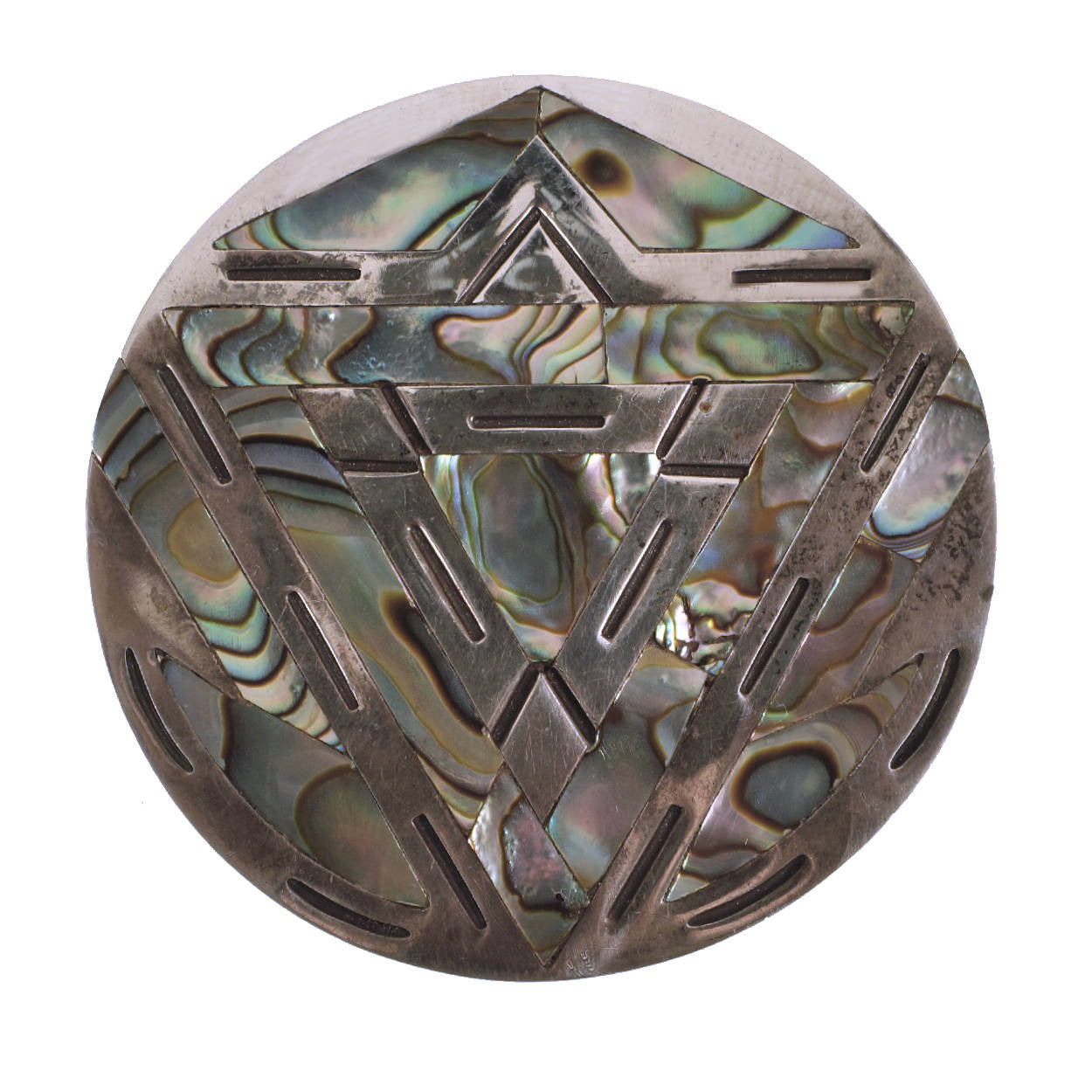 Vintage Taxco Mexican Sterling Silver Round Brooch Pendant Abalone Inlay - Poppy's Vintage Clothing
