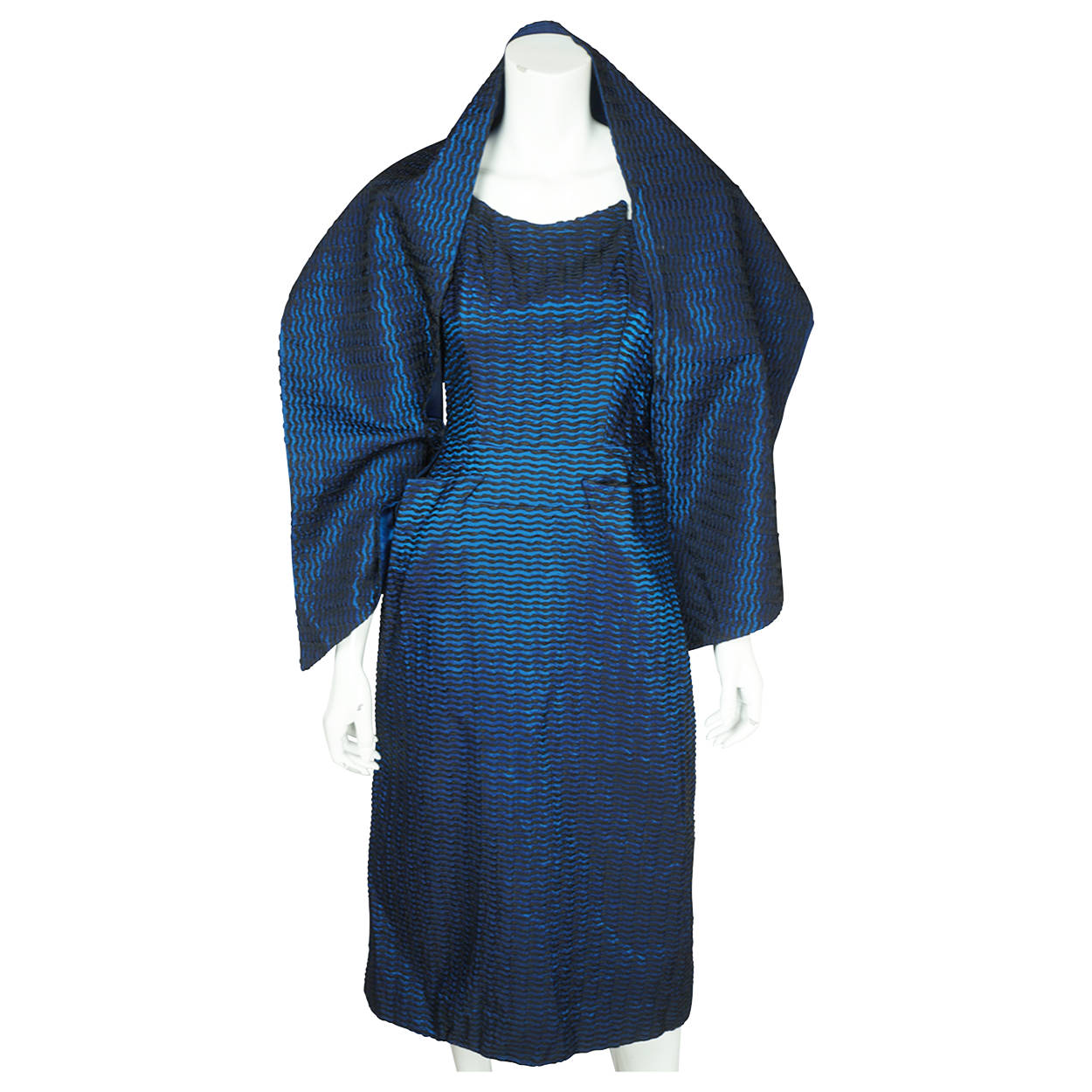 Vintage 1950s Cocktail Party Dress Blue and Black Taffeta New York Fashion Size M - Poppy's Vintage Clothing