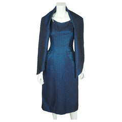 Vintage 1950s Cocktail Party Dress Blue and Black Taffeta New York Fashion Size M - Poppy's Vintage Clothing