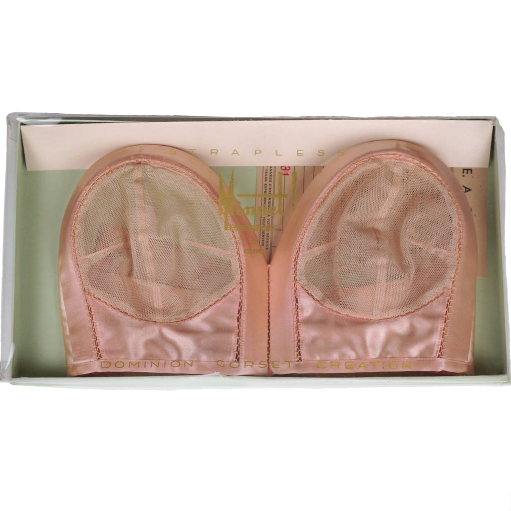 Vintage 1940s Strapless Bra Pink Satin Brassiere in Original Package w Bill 1947 - Poppy's Vintage Clothing