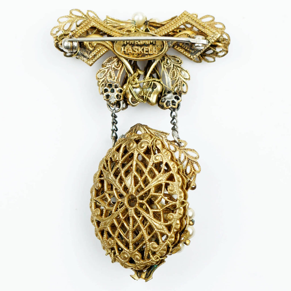 Vintage Miriam Haskell Baroque Pearl Brooch Chatelaine Style Bow Dangling Pendant - Poppy's Vintage Clothing