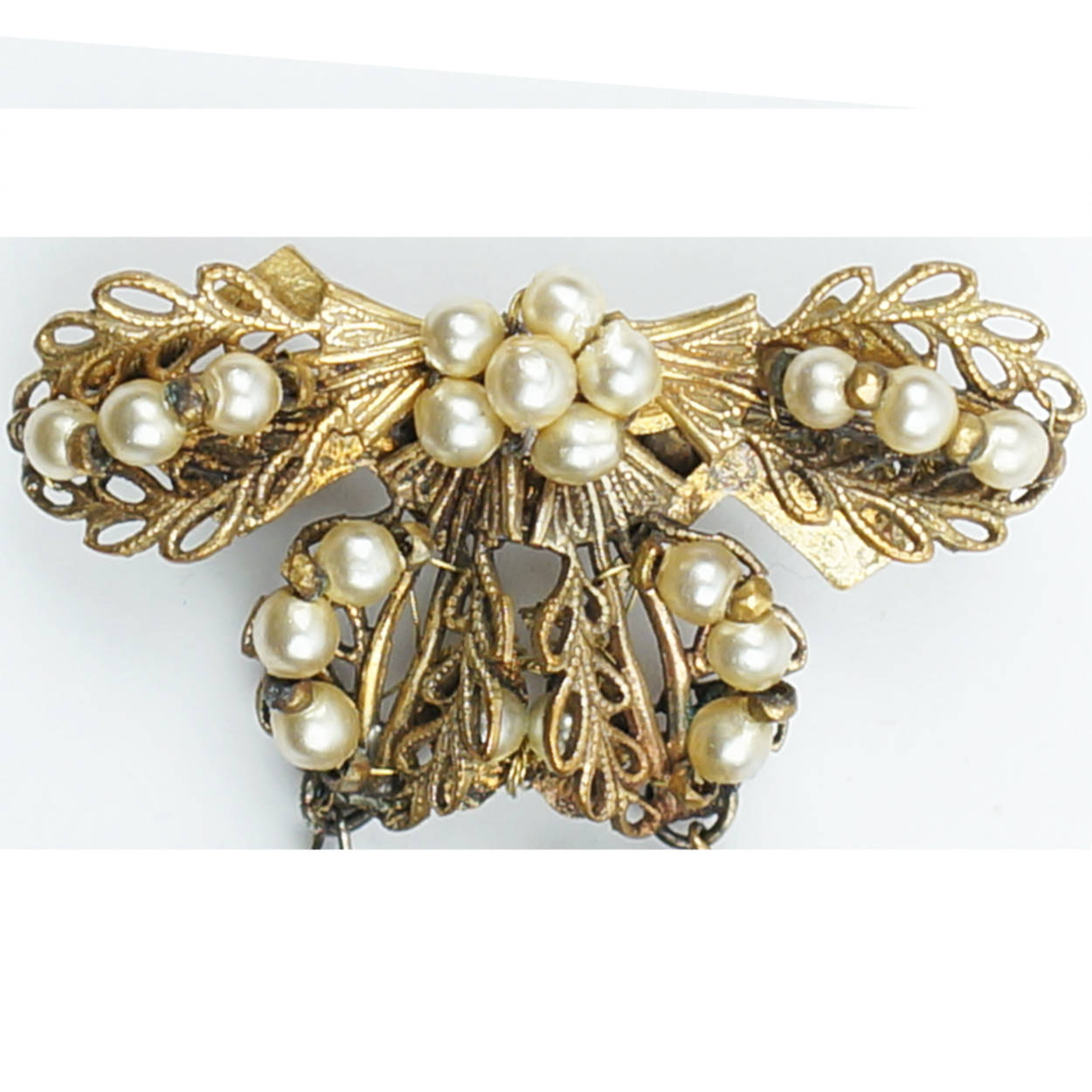 Vintage Miriam Haskell Baroque Pearl Brooch Chatelaine Style Bow Dangling Pendant - Poppy's Vintage Clothing