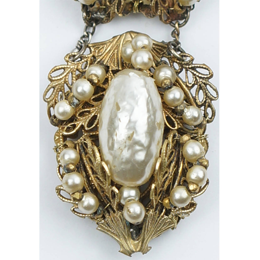 Vintage Miriam Haskell Baroque Pearl Brooch Chatelaine Style Bow Dangling Pendant - Poppy's Vintage Clothing