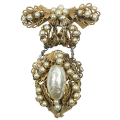 Vintage Miriam Haskell Baroque Pearl Brooch Chatelaine Style Bow Dangling Pendant - Poppy's Vintage Clothing