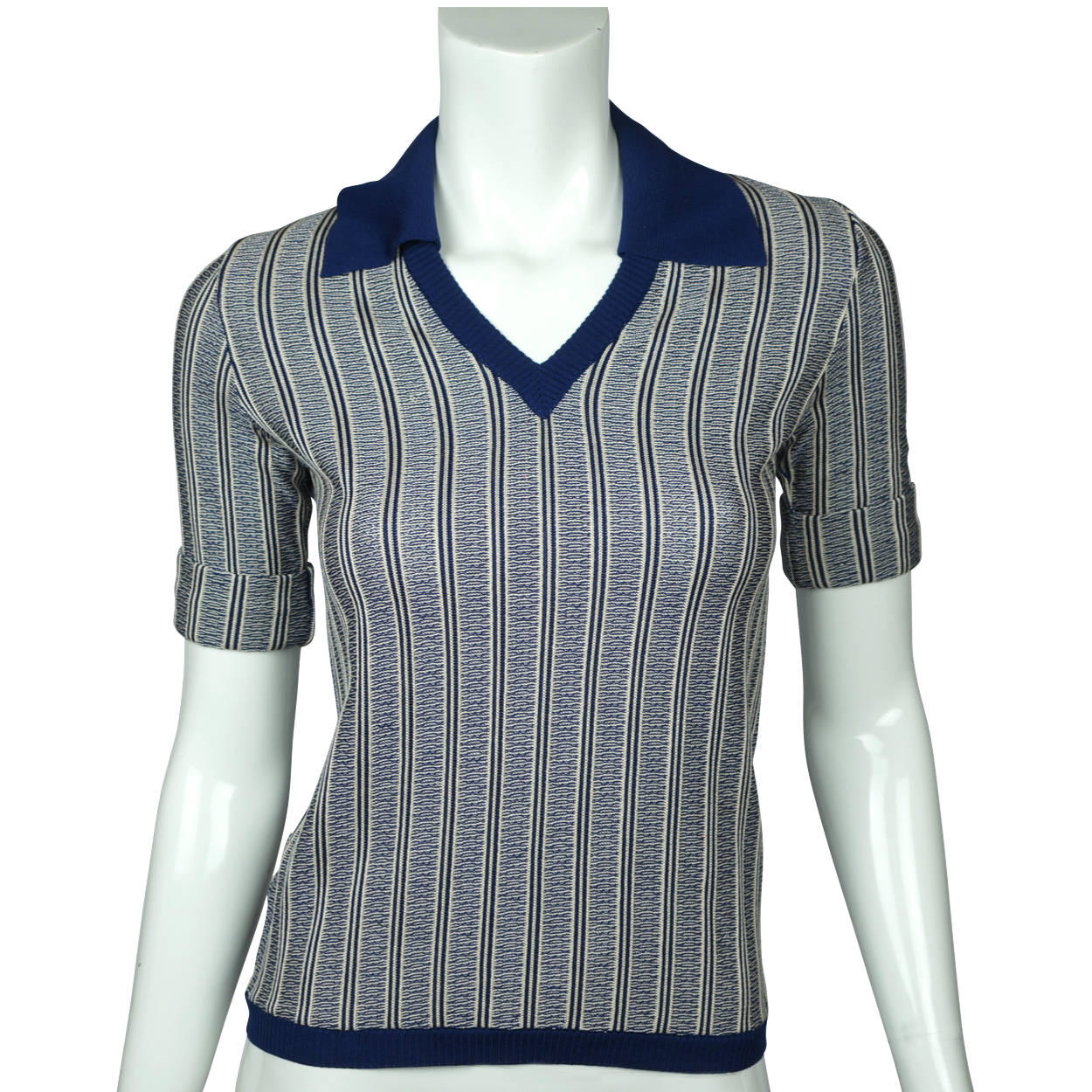 Vintage 1970s Miss Dior Blue Top Striped Knit Pullover Made in France NWOT Sz M - Poppy's Vintage Clothing