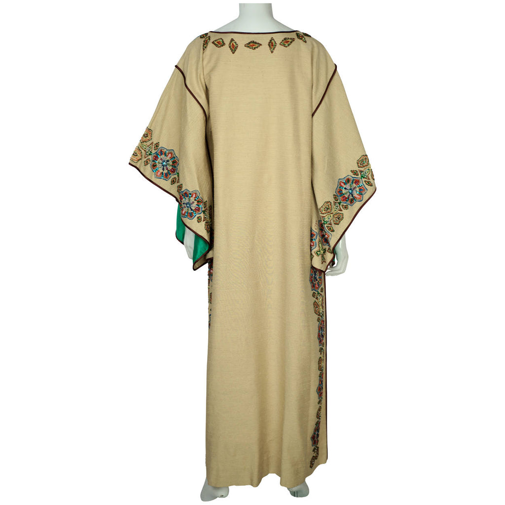 Vintage 80s Caftan Dress Miss Egypt Beaded Silk Signed Size M - Poppy's Vintage Clothing