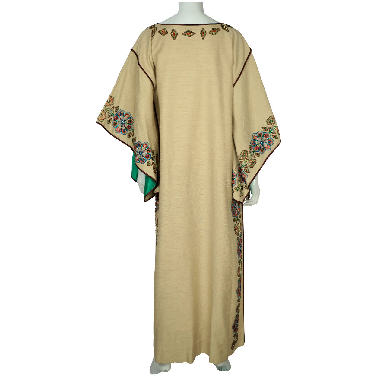 Vintage 80s Caftan Dress Miss Egypt Beaded Silk Signed Size M - Poppy's Vintage Clothing