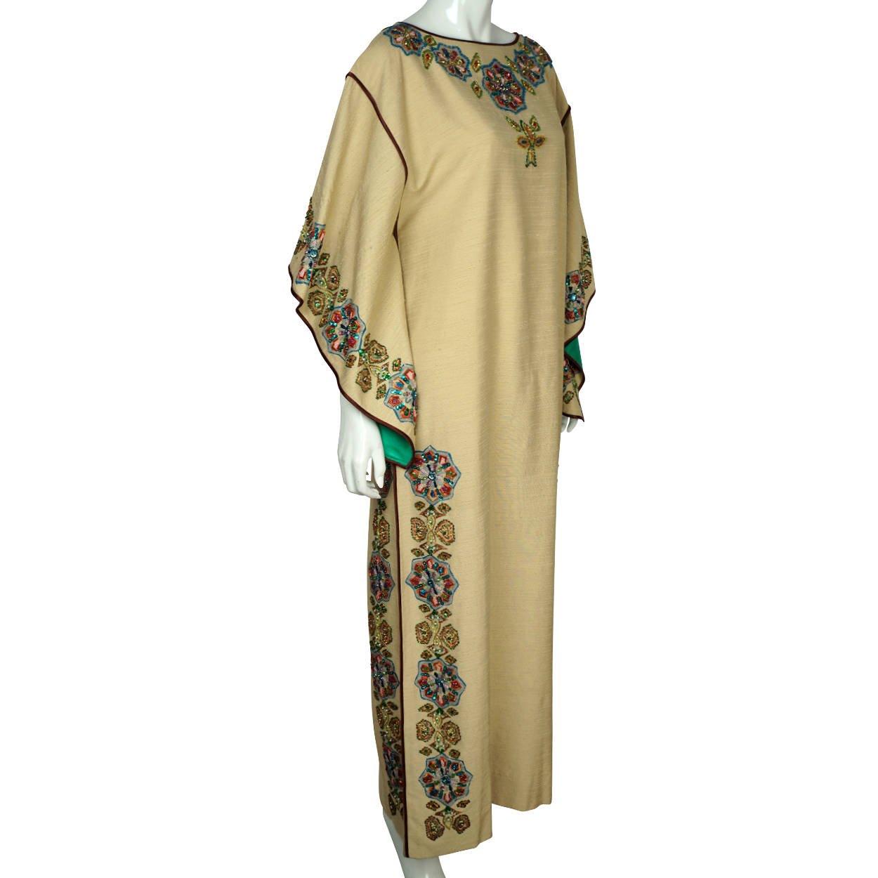 Vintage 80s Caftan Dress Miss Egypt Beaded Silk Signed Size M - Poppy's Vintage Clothing