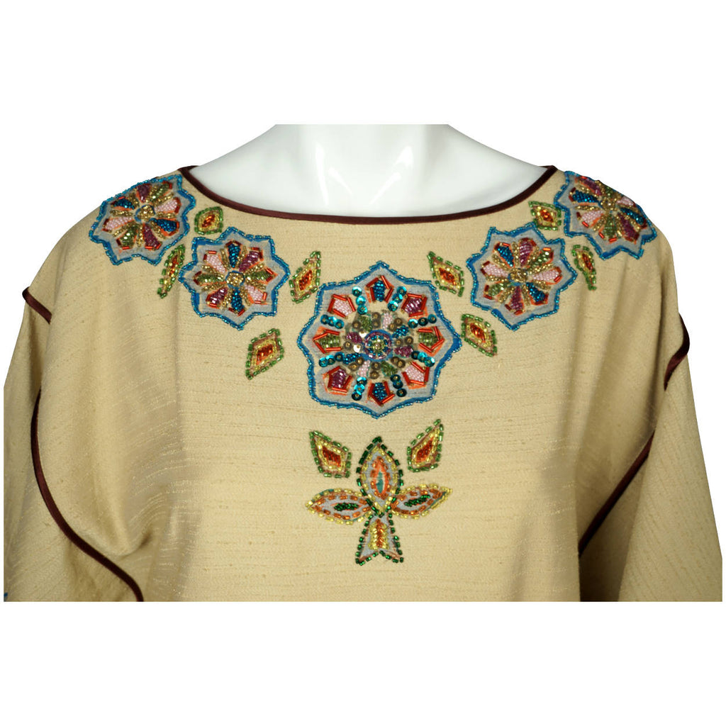 Vintage 80s Caftan Dress Miss Egypt Beaded Silk Signed Size M - Poppy's Vintage Clothing