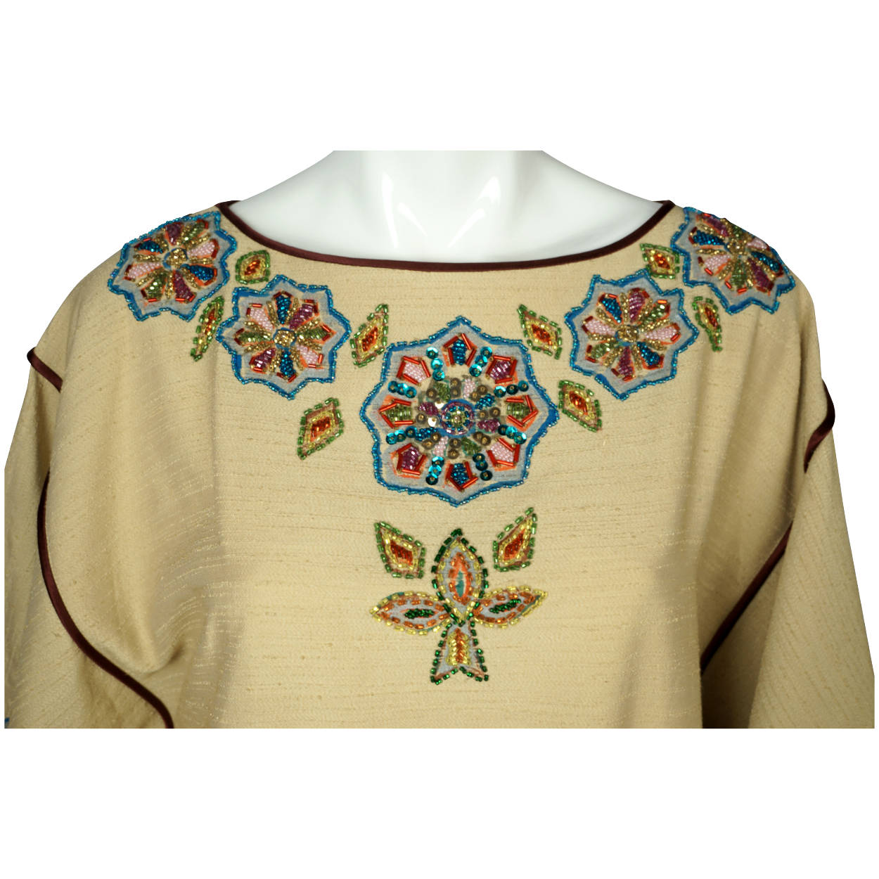 Vintage 80s Caftan Dress Miss Egypt Beaded Silk Signed Size M - Poppy's Vintage Clothing