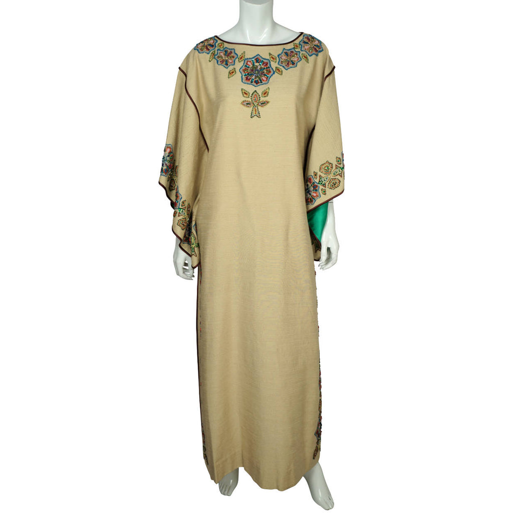 Vintage 80s Caftan Dress Miss Egypt Beaded Silk Signed Size M - Poppy's Vintage Clothing