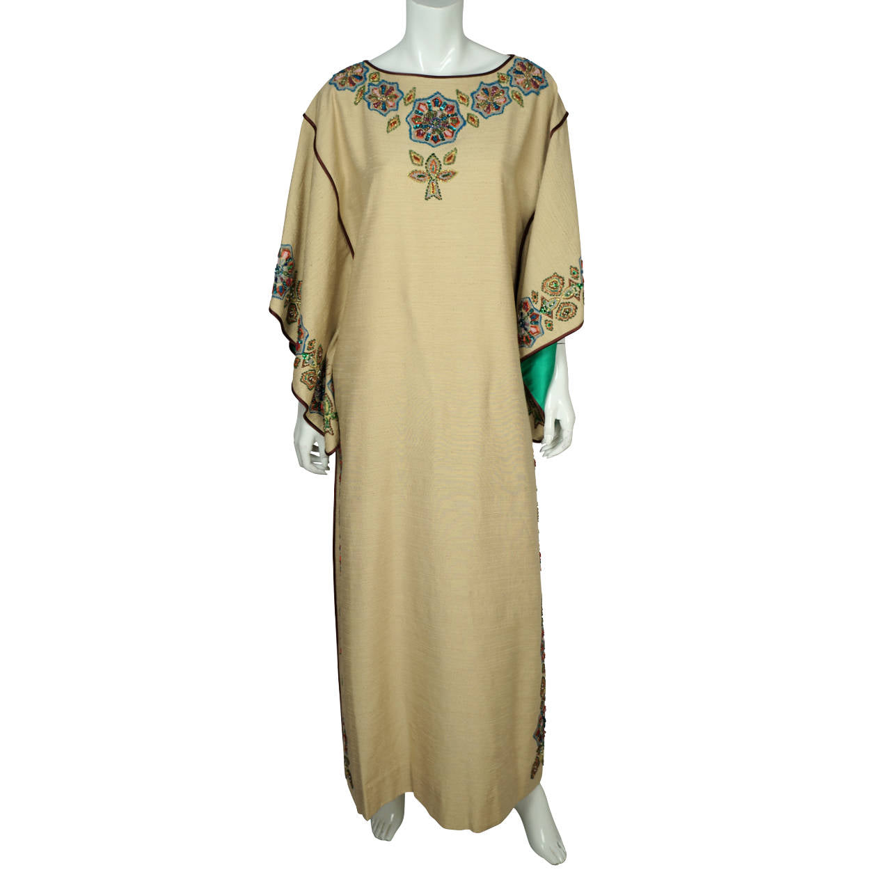 Vintage 80s Caftan Dress Miss Egypt Beaded Silk Signed Size M - Poppy's Vintage Clothing