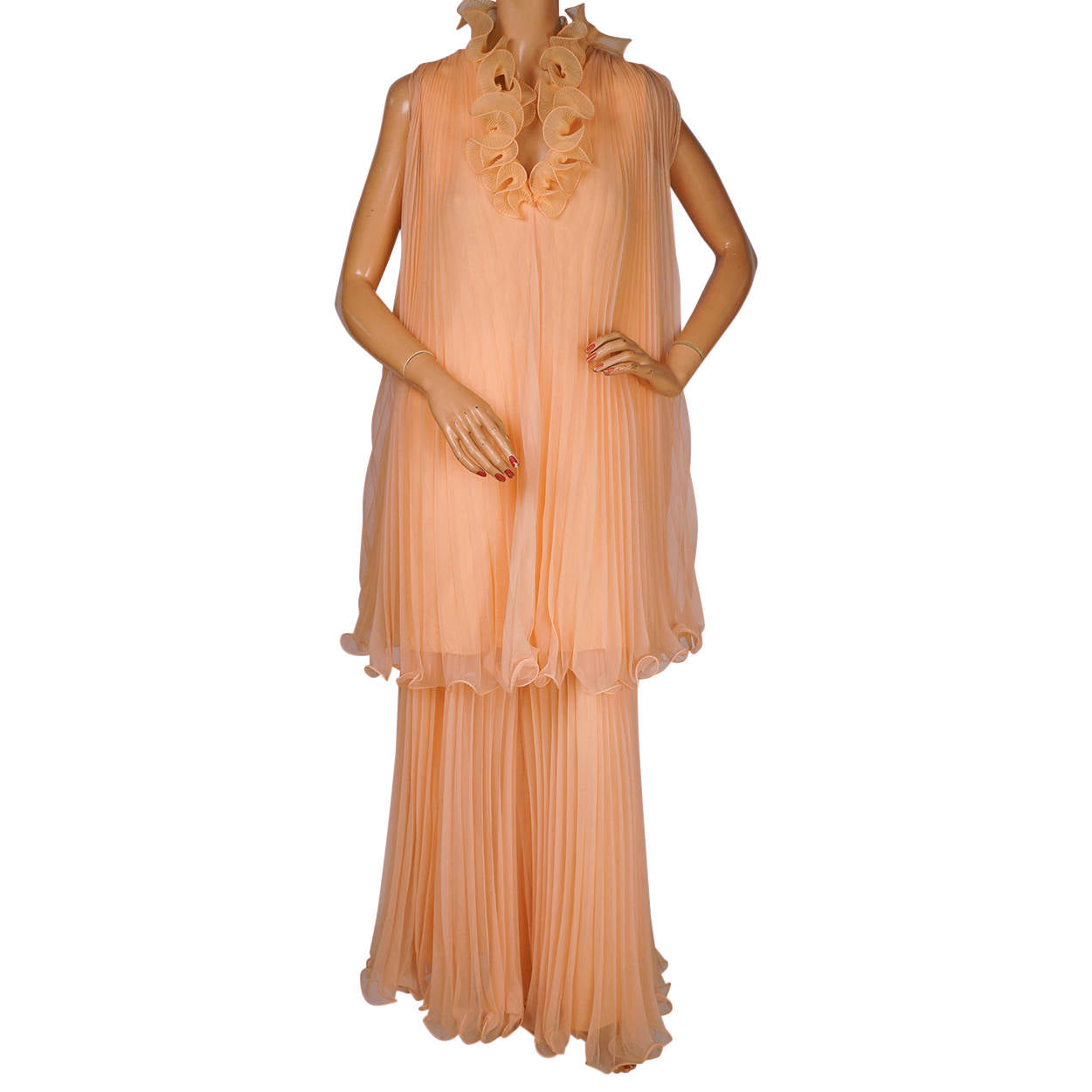 Vintage 1960s Miss Elliette Hostess Dress Palazzo Pant Suit Peach Chiffon Size L - Poppy's Vintage Clothing