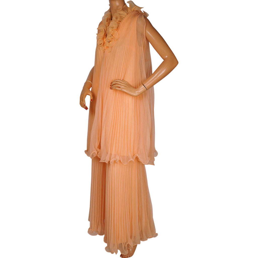 Vintage 1960s Miss Elliette Hostess Dress Palazzo Pant Suit Peach Chiffon Size L - Poppy's Vintage Clothing