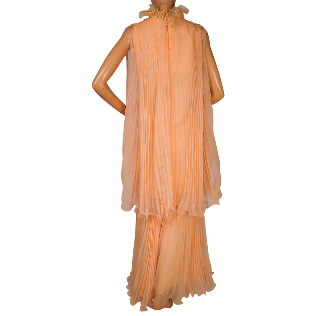 Vintage 1960s Miss Elliette Hostess Dress Palazzo Pant Suit Peach Chiffon Size L - Poppy's Vintage Clothing