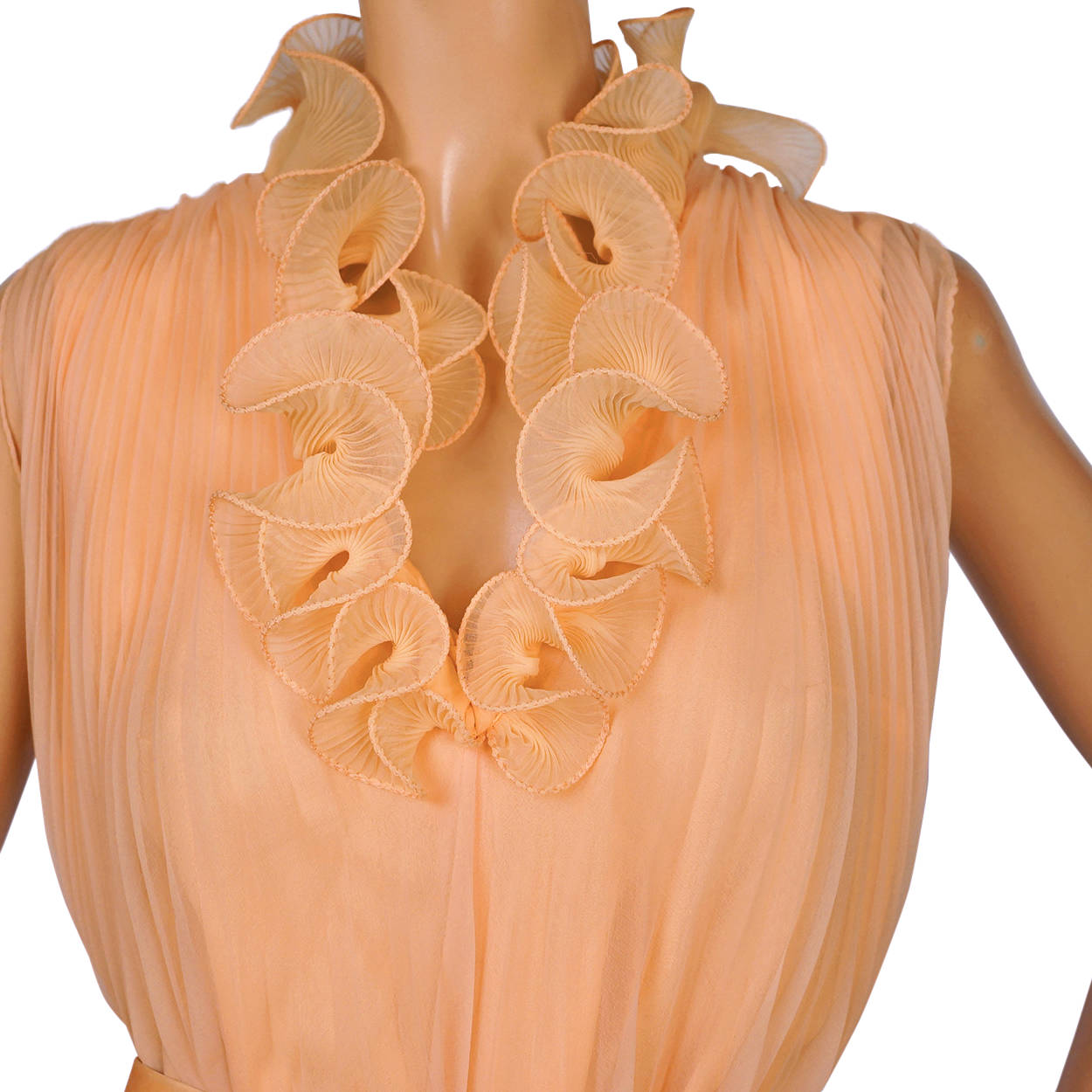 Vintage 1960s Miss Elliette Hostess Dress Palazzo Pant Suit Peach Chiffon Size L - Poppy's Vintage Clothing