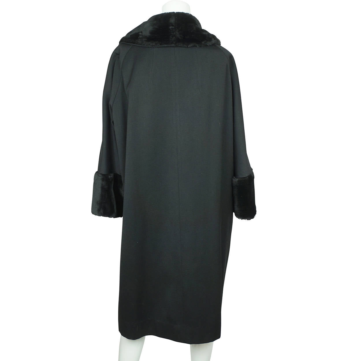 Vintage 1960s Black Wool Coat by Miss Style Faux Fur Trim Ladies Size L - Poppy's Vintage Clothing