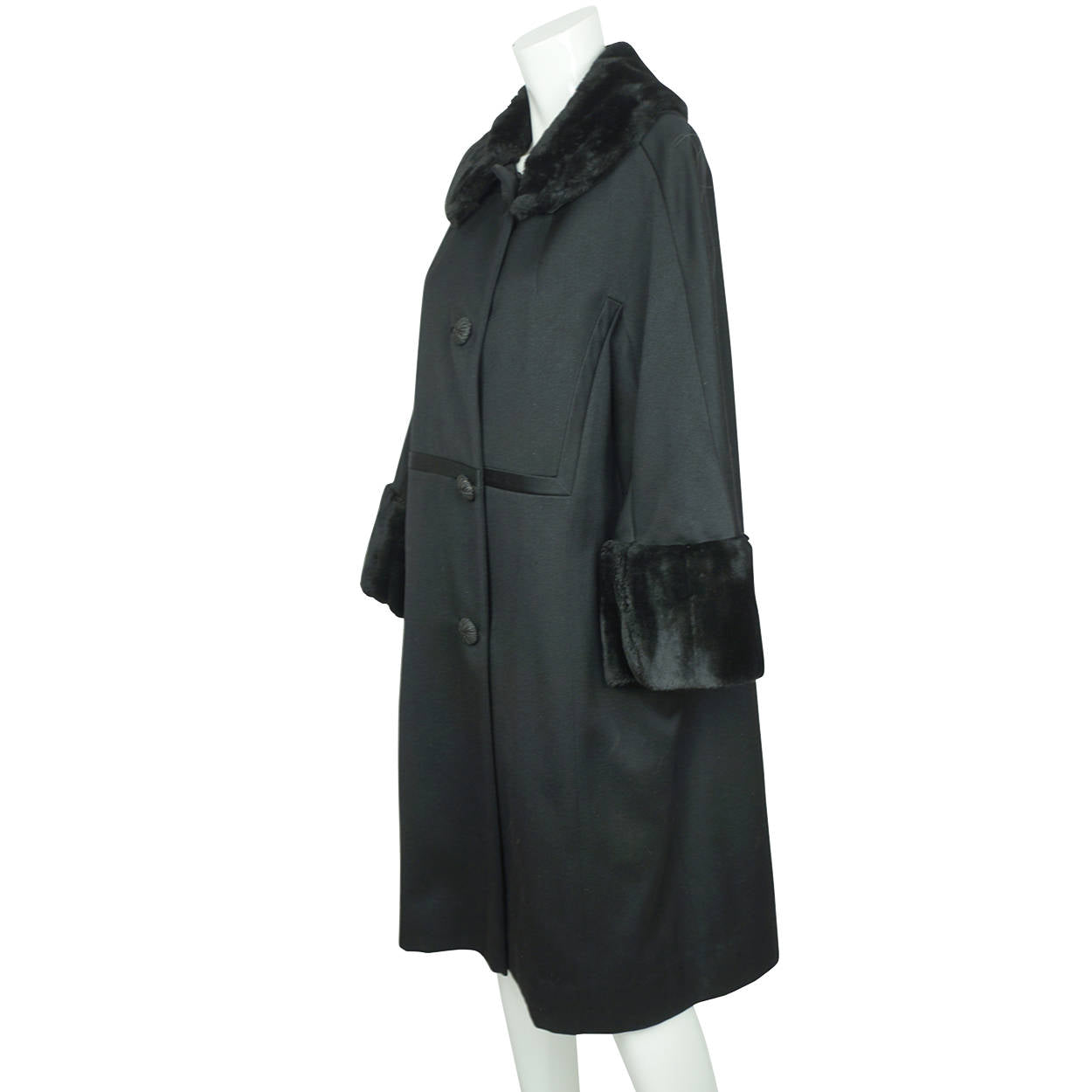 Vintage 1960s Black Wool Coat by Miss Style Faux Fur Trim Ladies Size L - Poppy's Vintage Clothing