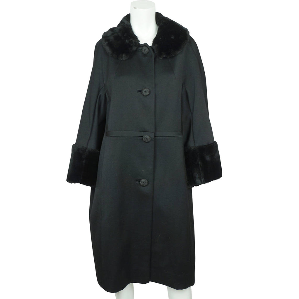 Vintage 1960s Black Wool Coat by Miss Style Faux Fur Trim Ladies Size L - Poppy's Vintage Clothing