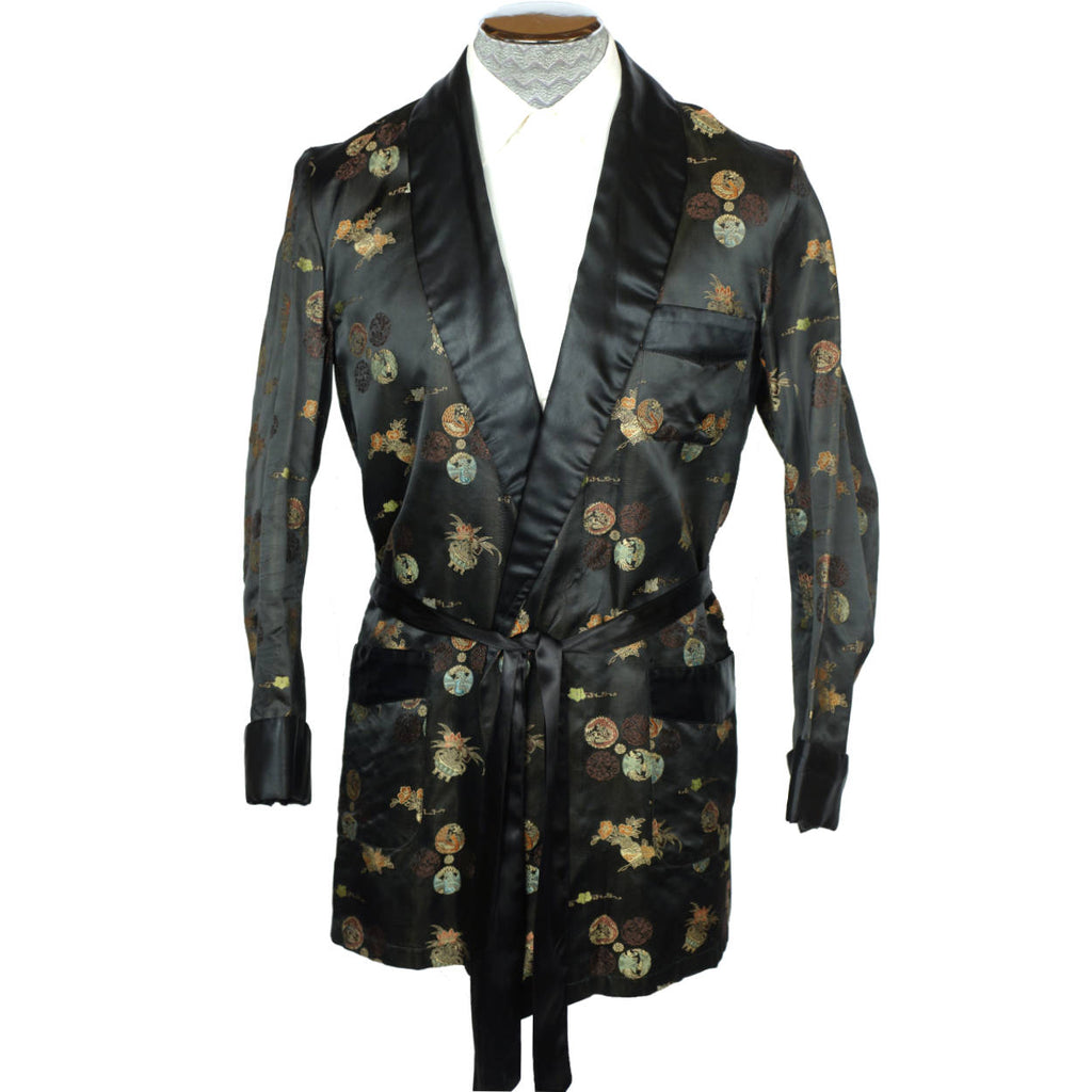 Vintage Smoking Jacket Men 1950s Asian Short Satin Robe Sz M - Poppy's Vintage Clothing