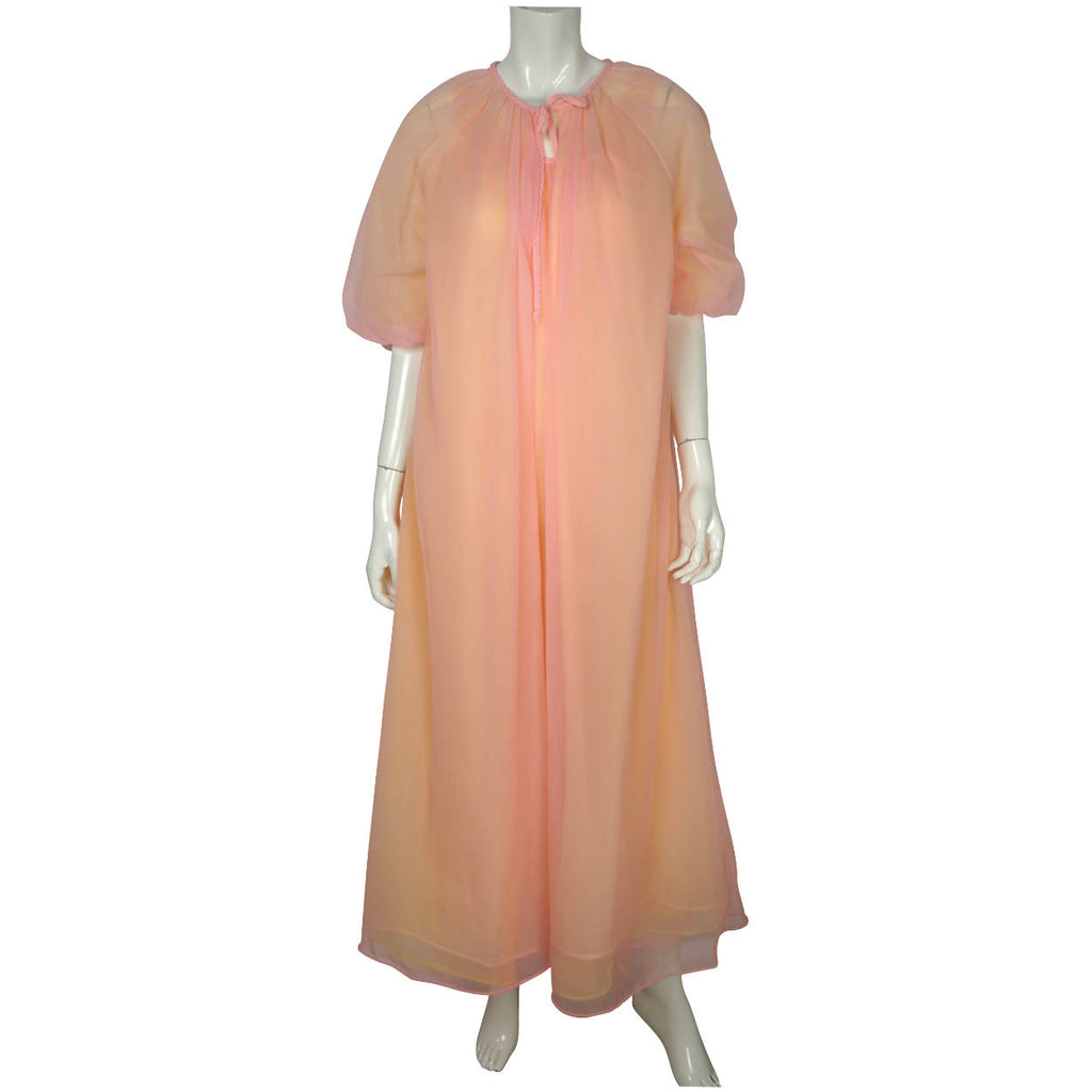 Vintage 60s Peignoir Set Pink Yellow Nylon Nightgown Nightie - Poppy's Vintage Clothing
