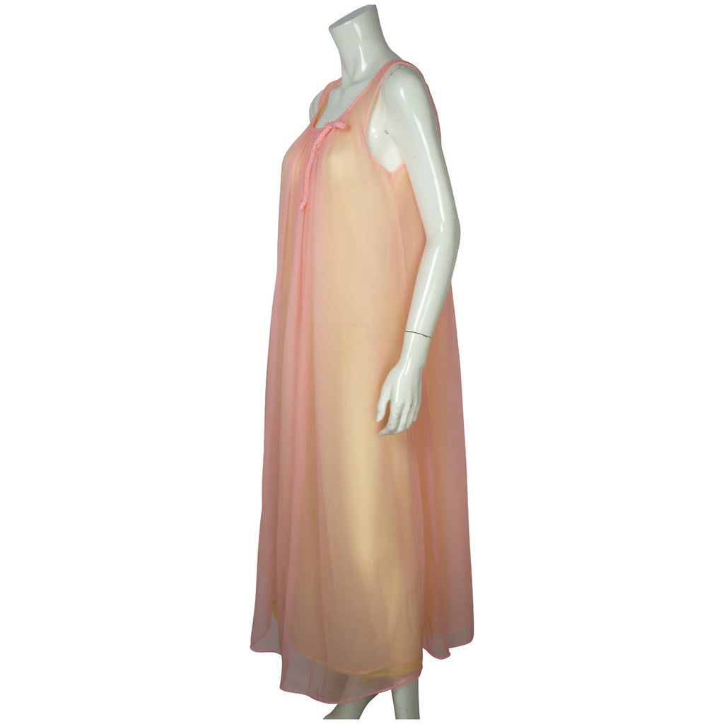 Vintage 60s Peignoir Set Pink Yellow Nylon Nightgown Nightie - Poppy's Vintage Clothing
