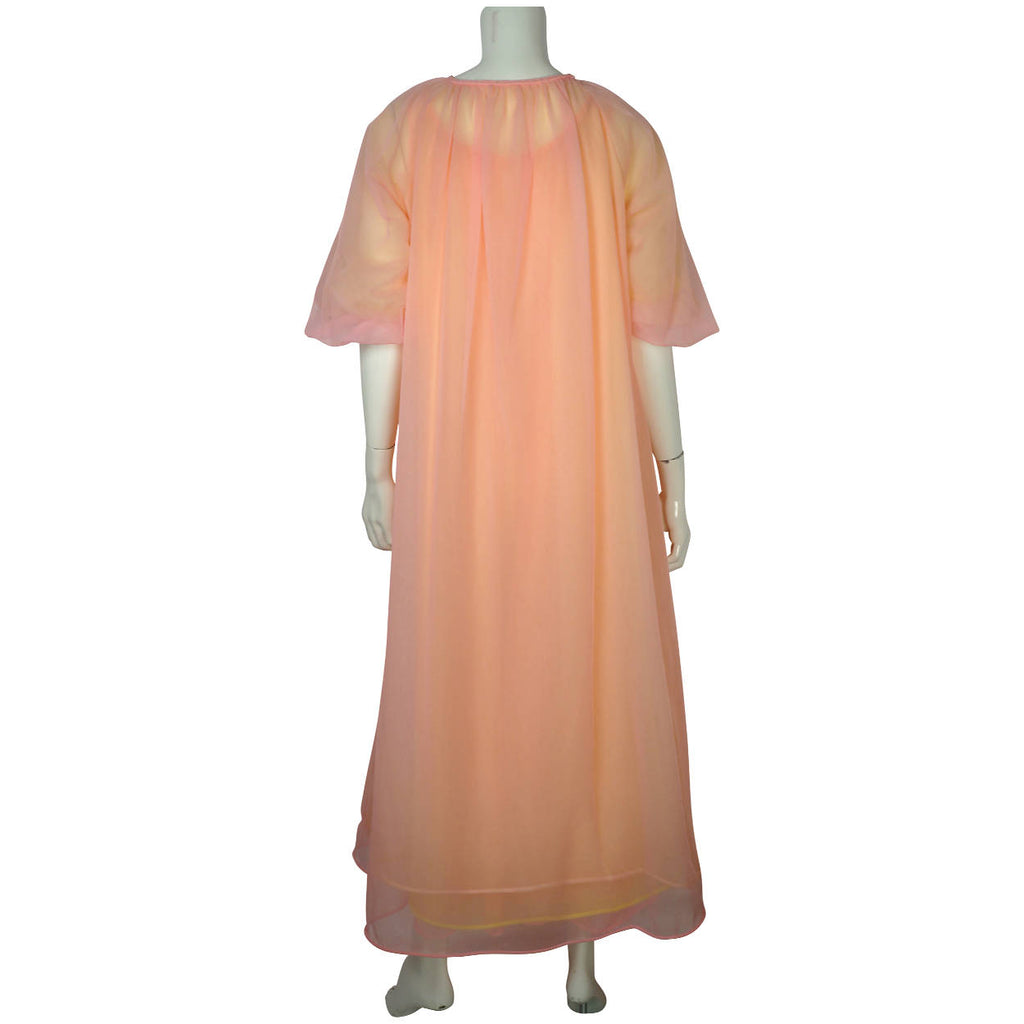 Vintage 60s Peignoir Set Pink Yellow Nylon Nightgown Nightie - Poppy's Vintage Clothing