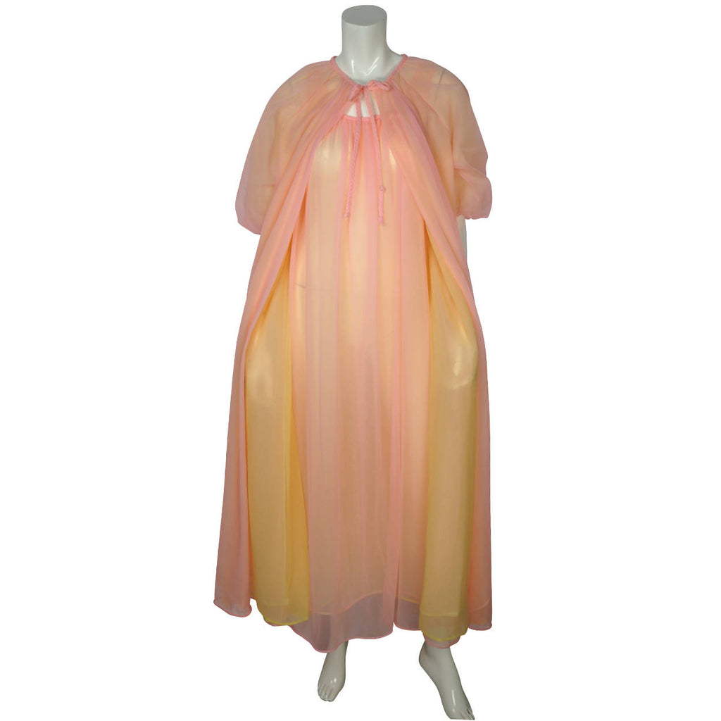 Vintage 60s Peignoir Set Pink Yellow Nylon Nightgown Nightie - Poppy's Vintage Clothing