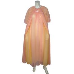 Vintage 60s Peignoir Set Pink Yellow Nylon Nightgown Nightie - Poppy's Vintage Clothing