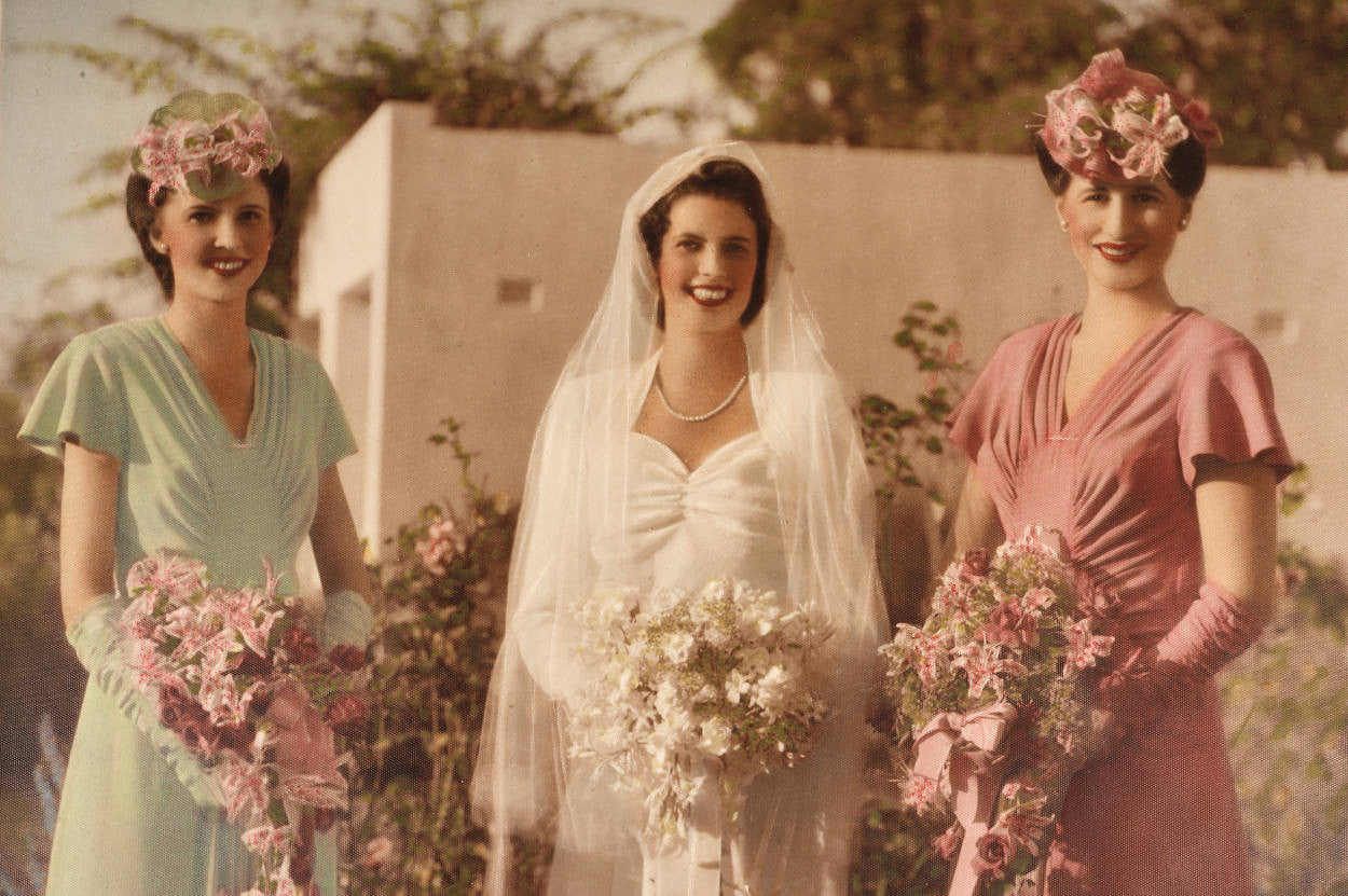 Vintage 1940s Australian Monte Luke Wedding Photo Hand Coloured Photograph Bride - Poppy's Vintage Clothing