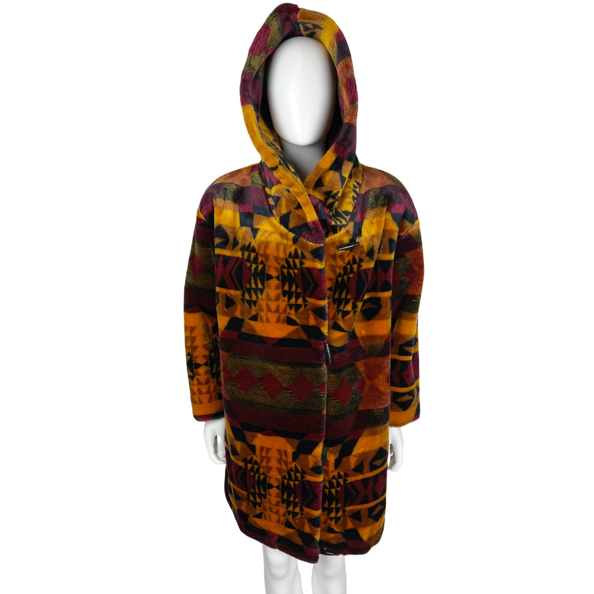 Vintage 1990s Faux Fur Coat Southwest Blanket Pattern Size M