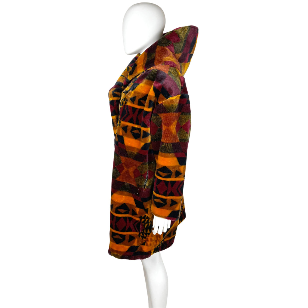 Vintage 1990s Faux Fur Coat Southwest Blanket Pattern Size M