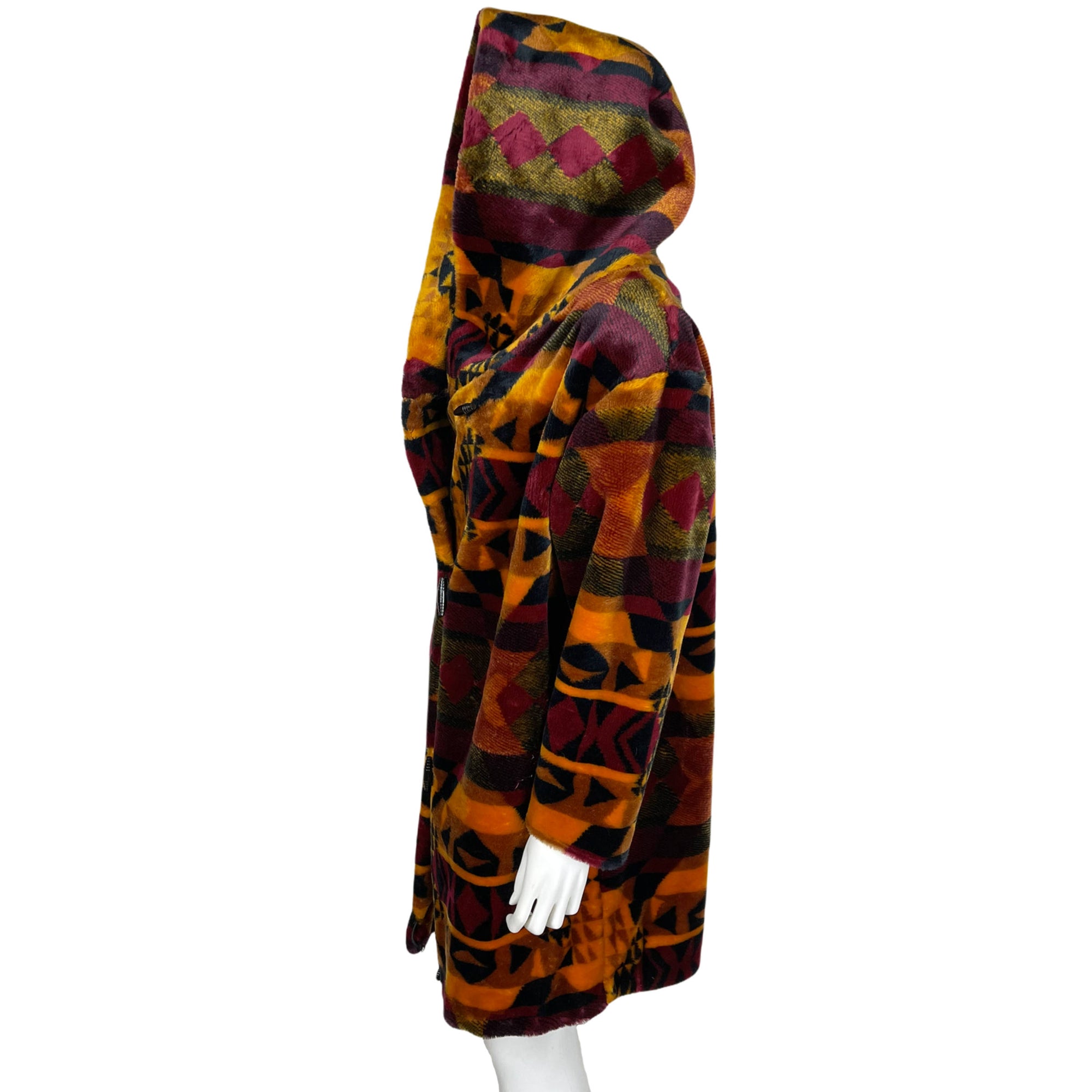 Vintage 1990s Faux Fur Coat Southwest Blanket Pattern Size M