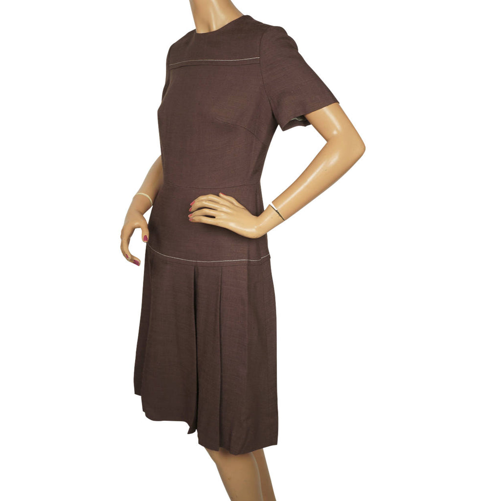 Vintage 1960s Mod Dress & Coat Ensemble Set Brown Linen by Montroy Size M - Poppy's Vintage Clothing
