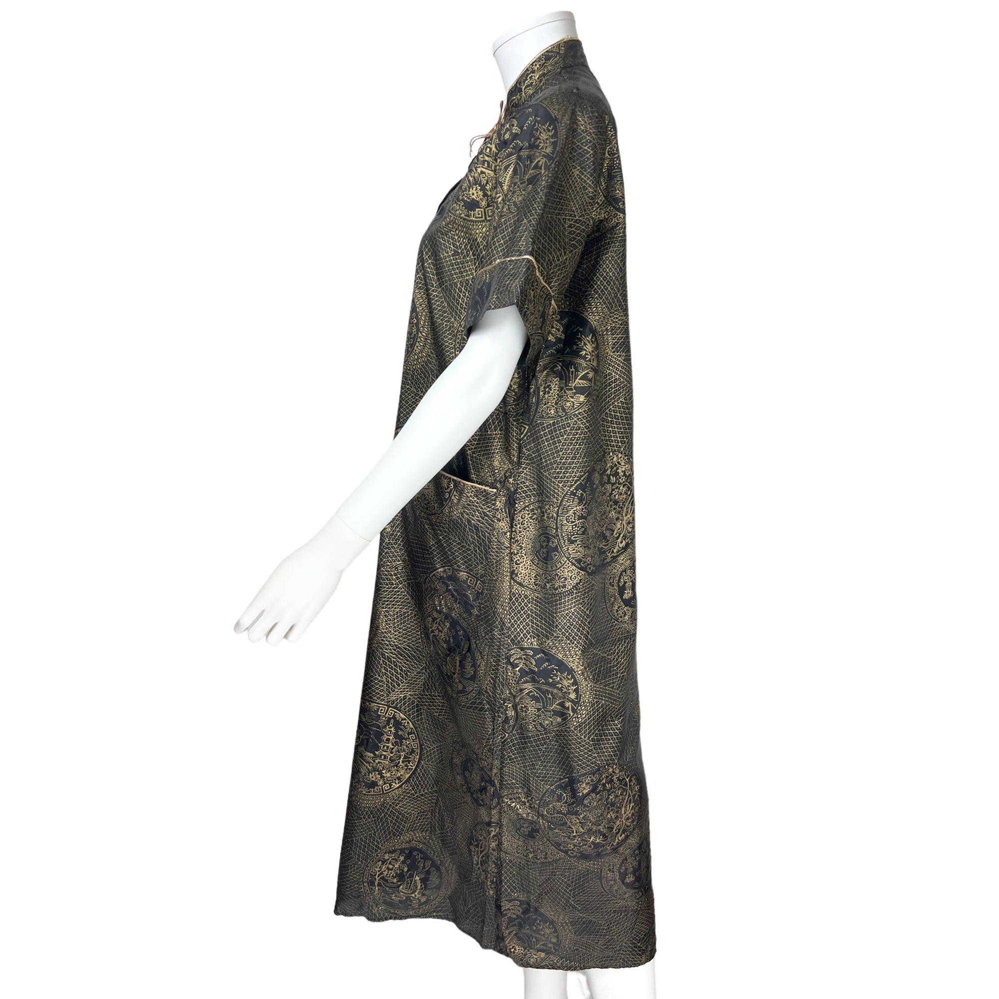 Vintage 1950s House Dress Gold Asian Print Morsam Ladies M L