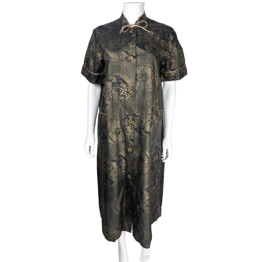 Vintage 1950s Morsam House Dress Gold Asian Print Ladies Size M L Vintage 1950s Morsam House Dress Gold Asian Print Ladies Size M L