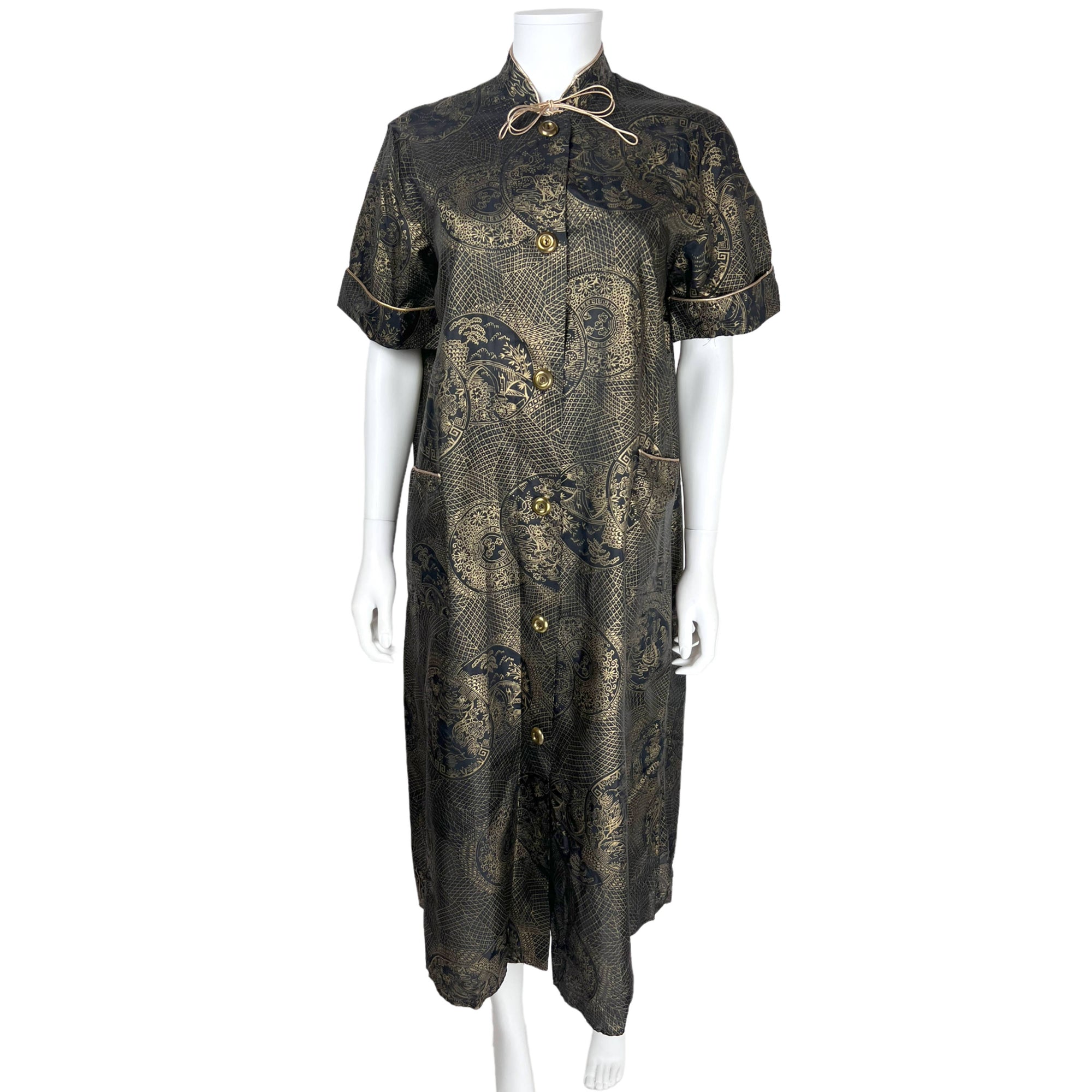 Vintage 1950s Morsam House Dress Gold Asian Print Ladies Size M L Vintage 1950s Morsam House Dress Gold Asian Print Ladies Size M L