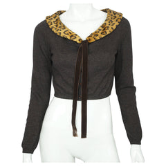 Moschino Cheap and Chic Sweater Cropped Cardigan w Leopard Print Collar M Italy - Poppy's Vintage Clothing