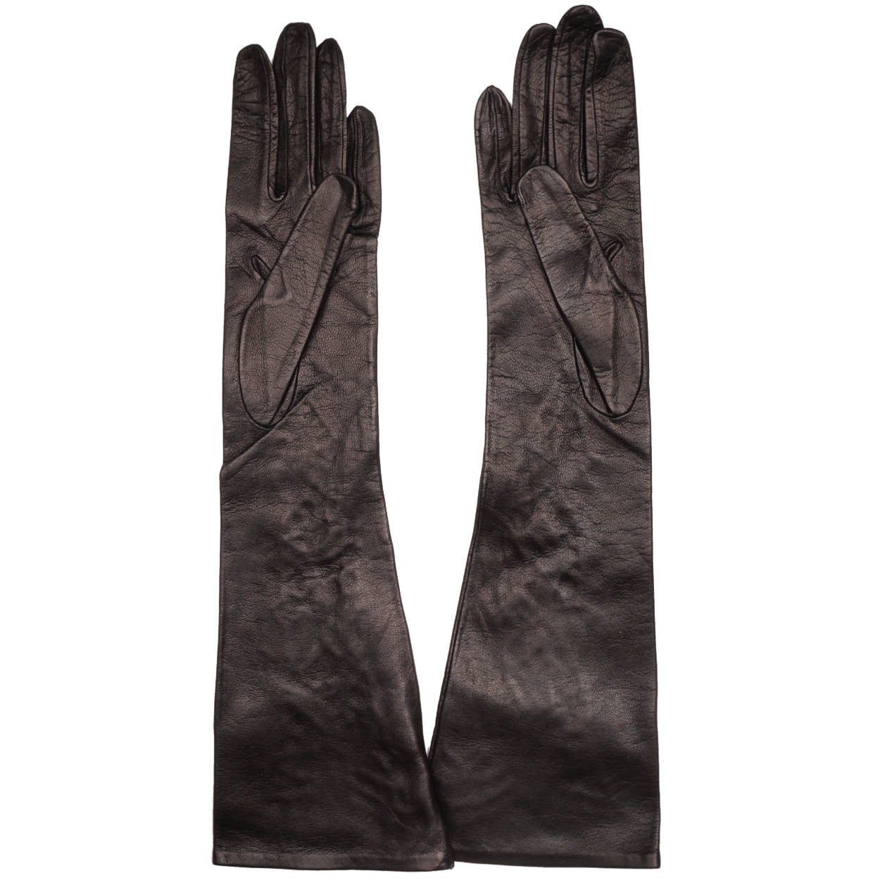 Vintage NOS Ladies Black Leather Long Evening Gloves Unused Lace Inset Cutwork - Poppy's Vintage Clothing